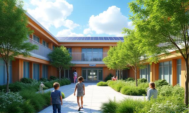 Escuela con diseño urbano sostenible y espacios verdes